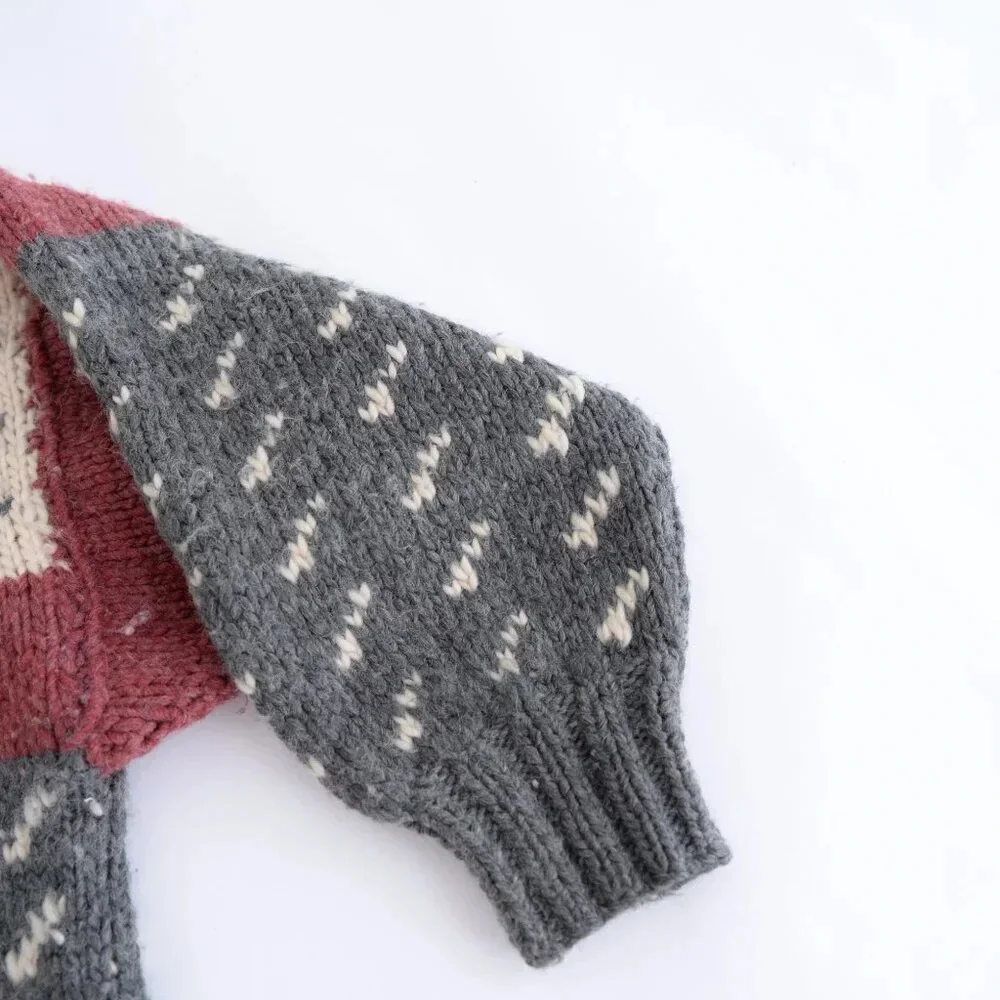 Handmade Unisex Cream And Gray Wool Crew Neck Sweater - Picture 4 of 9